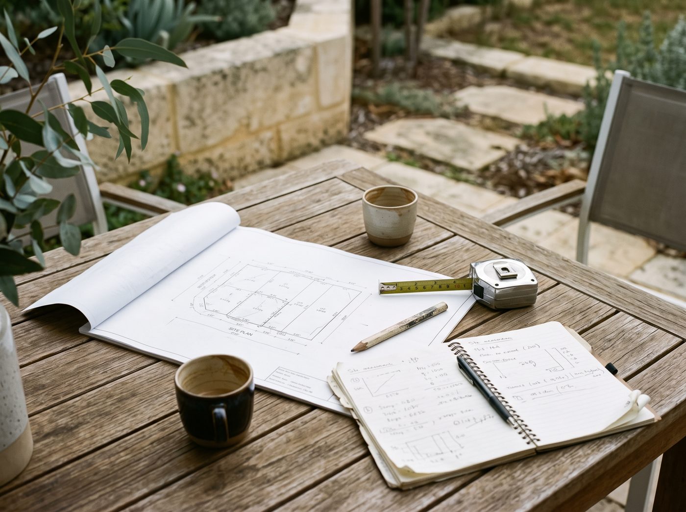 Site plan, tape measure and notebook on an outdoor table at a consultation