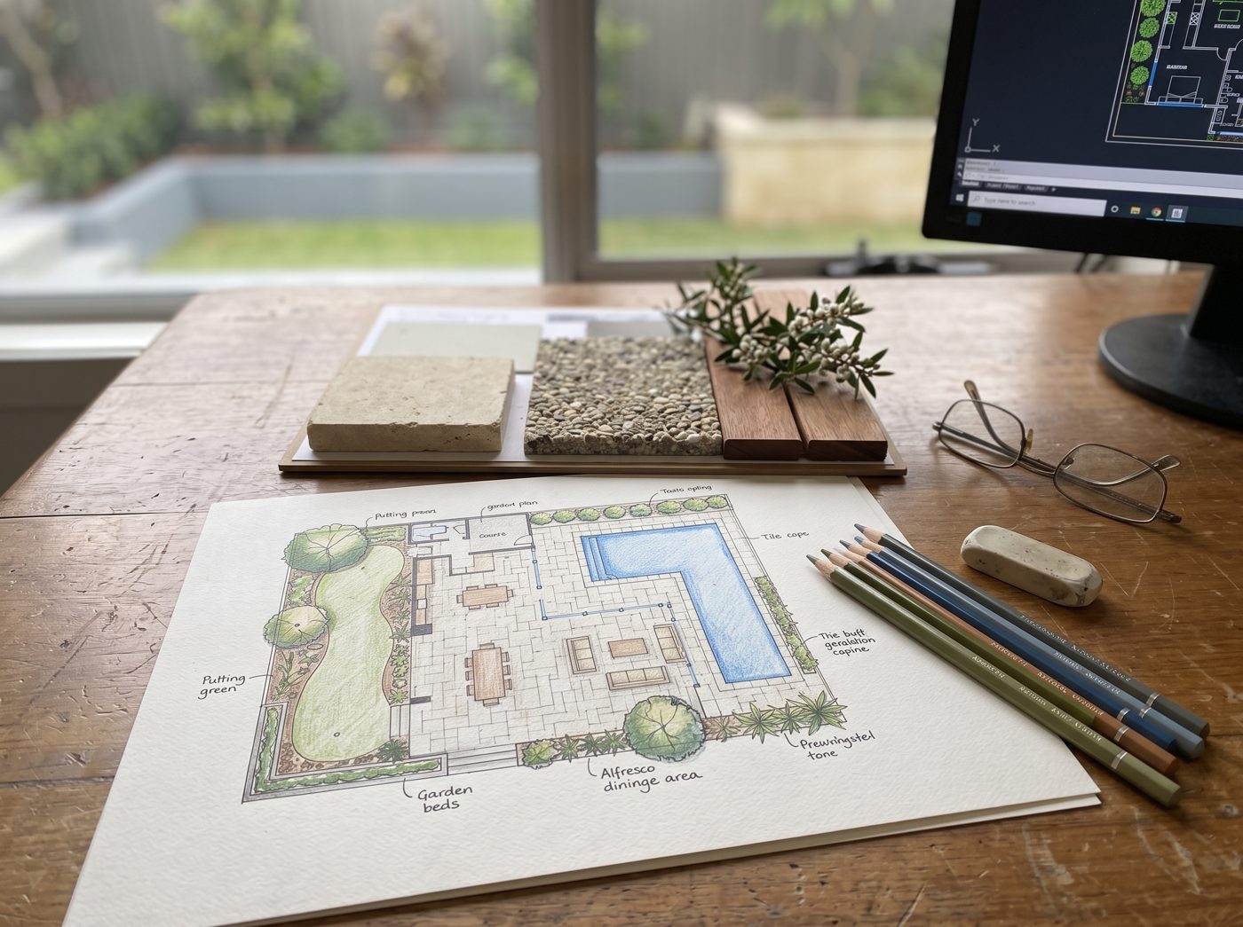 Hand drawn concept plan and materials board for a backyard design