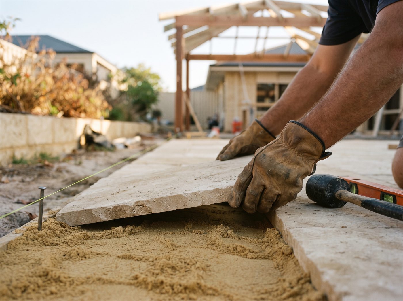 Pavers being laid to a string line on a screeded sand bed