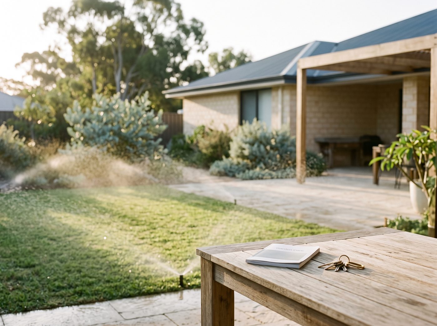 Reticulation running over new lawn beside a finished alfresco at dawn